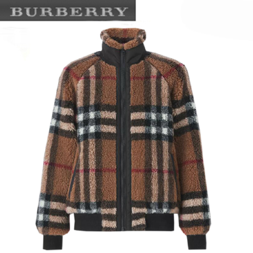 BURBERRY-80444121 버버리 버치 브라운 체크 울 캐시미어 블렌드 플리스 재킷