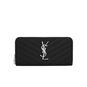 [스폐셜오더]SAINT LAURENT-358094 생로랑 블랙 그랑 드 뿌드르 텍스처드 마틀라세 가죽 소재의 은장 모노그램 생 로랑 지퍼 어라운드 지갑.