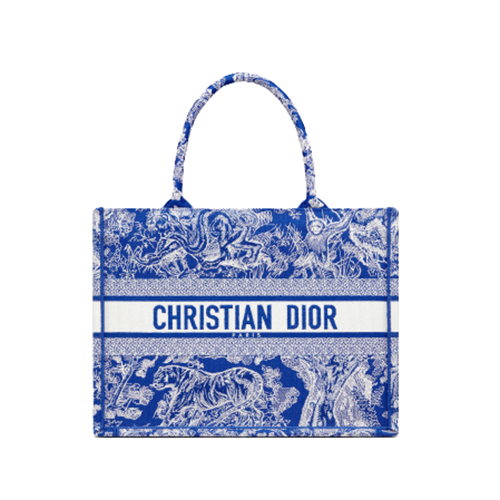 [스페셜오더]DIOR-M1296 디올 화이트 & 형광 블루 Toile de Jouy Reverse 자수 BOOK TOTE 미디엄 백 36CM