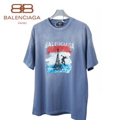 BALENCIAGA-062315 발렌시아가 블루 프린트 장식 워싱 빈티지 티셔츠 남여공용