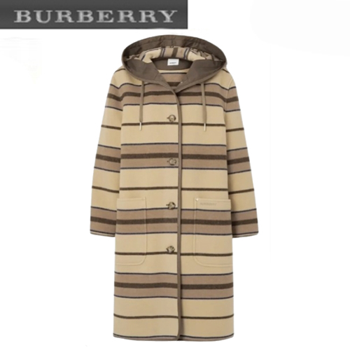 BURBERRY-112516 버버리 베이지/브라운 스트라이프 울 후드 코트 여성용