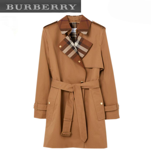 BURBERRY-80649351 버버리 캐러멜 체크 패널 코튼 개버딘 트렌치코트 여성용