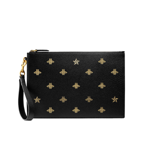 GUCCI-495066 8747 구찌 블랙 가죽 꿀벌 스타 프린트 파우치 