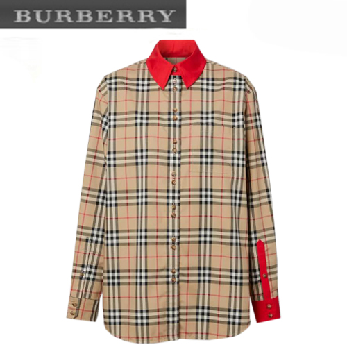 BURBERRY-80242511 버버리 컨트라스트 트리밍 빈티지 체크 스트레치 코튼 셔츠