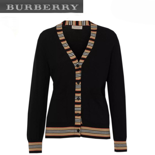 BURBERRY-80089531 버버리 블랙 아이콘 스트라이프 디테일 메리노 울 카디건