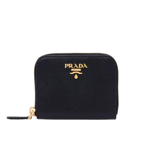 PRADA-1MM268 프라다 사피아노 메탈릭 골드 가죽 동전 지갑 블랙 