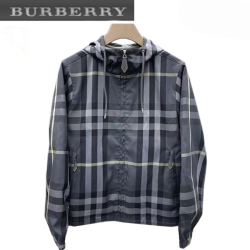 BURBERRY-09296 버버리 차콜 그레이 체크 코튼 바람막이 후드 재킷 남성용