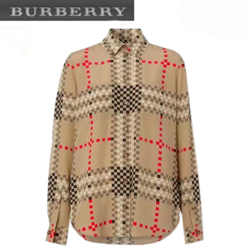 BURBERRY-80632561 버버리 베이지 픽셀 체크 실크 크레이프 드 신 셔츠 여성용